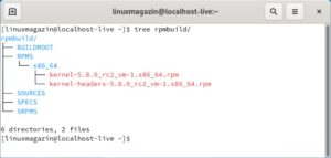 Abbildung 4: Dank des passenden Make-Targets (in diesem Fall »binrpm-pkg«), landet der neue Kernel auf Fedora 32 am Ende als RPM-Paket im Home-Verzeichnis.