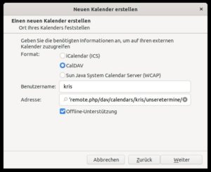 Abbildung 3: Thunderbirds Kalender erwartet den privaten Link zum Nextcloud-Kalender und im n&auml;chsten Fenster dann die Zugangsdaten von Kris.
