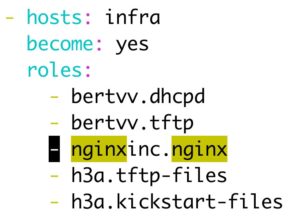 Abbildung 3: Das Playbook f&uuml;r die Infrastrukturdienste ist im Endausbau simpel &ndash; auch dann, wenn man per Ansible automatisch die Konfiguration f&uuml;r Grub und Kickstart generieren l&auml;sst.