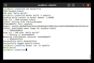 Abbildung 1: Aus dem Dockerfile-Inhalt lässt sich ein Docker-Image bauen und dann davon ein Docker-Container starten.