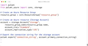 Abbildung 2: Eine Ressourcen-Deklaration für Pulumi lässt sich, wie hier im Beispiel, in Python schreiben, um einen Storage-Account in Azure anzulegen.