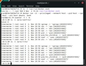 Abbildung 6: Namespaces der aktuellen Shell und des laufenden Init-Prozesses des Systems.