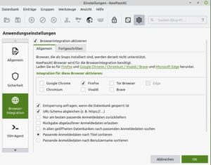 Abbildung 8: Etwas umständlich handhabt KeePassXC die Browser-Integration.