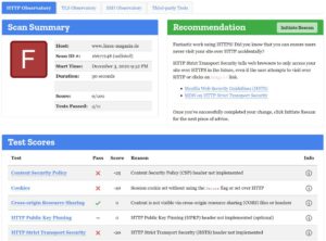 Abbildung 2: Das Mozilla HTTP Observatory zeigt, dass es bei der Webseite des Linux-Magazins noch Potenzial f&uuml;r Optimierungen gibt.