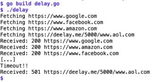 Abbildung 2: Die Ergebnisse der drei ersten Webseiten kommen schnell, das vierte jedoch zu langsam. Der Context l&ouml;st deshalb den Timeout aus.