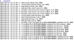 Abbildung 3: Während der Go-Compiler Sourcen von Github lädt, um ein Binary zu kompilieren, verfolgt Fsnotify die dabei neu erzeugte Dateien.
