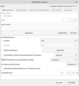 Abbildung 3: Bei Gscan2pdf gilt es, vor dem Scan einige Einstellungen vorzunehmen.