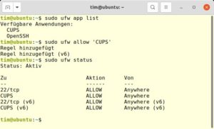 Abbildung 2: Hier sind nur CUPS und ein SSH-Server installiert, wodurch Ufw auch nur Application Profiles für die beiden Dienste vorhält.