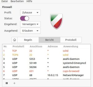 Abbildung 4: Der <span class="ui-element">Bericht</span> der Benutzeroberfläche Gufw enthüllt die auf dem System laufenden Dienste.
