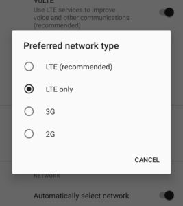 Abbildung 5: GrapheneOS erlaubt es, 4G beim Telefonieren zu erzwingen.