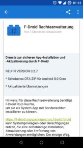 Abbildung 7: Mittels der F-Droid Privileged Extension lassen sich Updates auch automatisiert installieren.