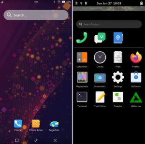 Abbildung 1: Plasma Mobile (links) ist eine der ältesten mobilen Umgebungen für Linux-Smartphones. Die Oberfläche Phosh (rechts) wurde von Purism für das Librem 5 entwickelt.