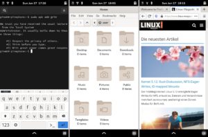 Abbildung 3: Als Fork von Alpine Linux nutzt PMOS dessen Paketmanager Apk (links). Als Dateimanager kommt eine mobil angepasste Version der Gnome-App <span class="ui-element">Files</span> zum Einsatz (Mitte). Nicht bei allen Mobil-Distributionen ist Firefox so gut angepasst wie bei PMOS mit Phosh (rechts).
