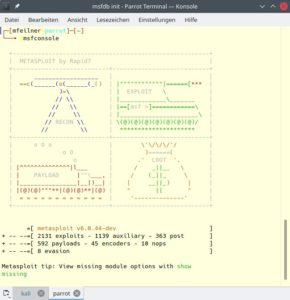 Abbildung 4: Recon, Exploit, Payload, Loot, so anschaulich erkl&auml;rt das Metasploit Framework auf Parrot Linux gelegentlich seine eigene Architektur. Die Ascii-Art stammt von eigenen Fortune-Cookies.