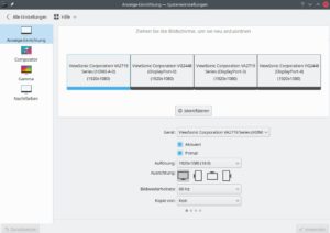 Abbildung 5: Sowohl Xrandr als auch die KDE-Settings erkennen alle vier Monitore, aktivieren lie&szlig;en sich aber immer nur drei.