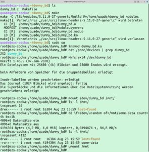 Abbildung 5: Ramdisk-Treiber im Einsatz: Generieren, Laden, Formatieren und Zugreifen.