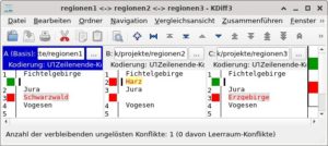 Abbildung 1: Die farbige Anzeige der Unterschiede in Kdiff3 erleichtert es, die &Auml;nderungen zu erfassen.