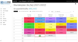Abbildung 2: Zu den praktischsten Funktionen in AlekSIS geh&ouml;rt jene, die f&uuml;r Sch&uuml;lerinnen, Sch&uuml;ler sowie Lehrkr&auml;fte auf Basis der vorliegenden Daten dynamisch Stundenpl&auml;ne anzeigt. Quelle: Dominik George, TecKids&nbsp;e.V.