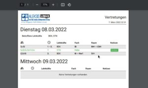 Abbildung 3: Der Vertretungsplan, der in vielen Schulen noch ein Papierausdruck am schwarzen Brett ist, wird in AlekSIS zur einfach abzurufenden Website. Quelle: Dominik George, TecKids&nbsp;e.V.