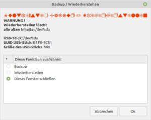 Abbildung 9: Über die Backup-Funktion lassen sich auch Sicherungen von USB-Stick-Konfigurationen anfertigen oder wiederherstellen.