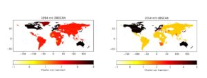 Abbildung 2: Eine un&uuml;berwachte Einteilung von L&auml;ndern&nbsp;1994 und&nbsp;2014 in Cluster. Wei&szlig; dargestellte L&auml;nder stellen Ausrei&szlig;er dar, die zu keinem Cluster geh&ouml;ren. Wie man sieht, verliert die USA in dieser Einteilung die Sonderrolle als Ausrei&szlig;er, und die EU wird durch die Nachwirkungen der Finanz- und Wirtschaftskrise 2008/2009 in zwei Gruppen aufgespaltet.