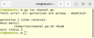 Abbildung 5: Sollten alle Goroutinen nicht mehr weiterarbeiten k&ouml;nnen, bricht die Go-Runtime automatisch das komplette Programm ab.