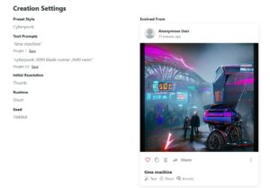 Abbildung 2: Ein Schlagwort und Stilparameter genügen, um eine Szene mit Zeitmaschine im Cyberpunk zu generieren.