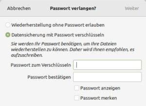 Abbildung 6: Bei Déjà Dup sichern Sie Ihre Daten per Passwort gegen unbefugte Zugriffe.