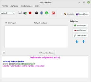 Abbildung 8: Das Programmfenster von LuckyBackup fällt durch viele bunte Icons und Meldungen auf.