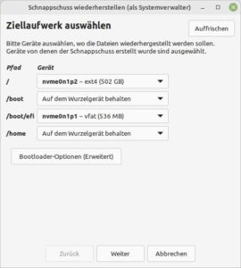 Abbildung 14: Auch bei Timeshift können Sie variable Zielverzeichnisse für das Restore auswählen.