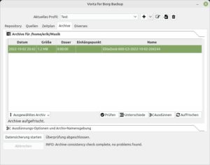 Abbildung 16: Vorta kann auch bei Bedarf die Integrität von Dateiarchiven prüfen.