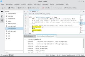 Abbildung 5: Mit dem Bash Language Server hat das LSP-Modul hier die Zuweisung für »color_prompt« herausgesucht und zusätzlich alle Vorkommen im Code gelb markiert.