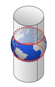 Abbildung 2: Für die Mercator-Projektion um die Erdkugel gewickelter Zylinder. Quelle: Wikipedia, CC BY-SA 4.0