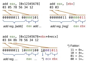Abbildung 5: x86-Befehle sind unterschiedlich komplex und lang. Die Beispiele kodieren bis zu drei Register, eine Adresse und eine Konstante in einem Befehl.