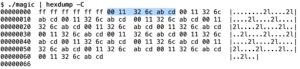 Abbildung 3: Der Hexdump eines Magic Packets für die MAC »00:11:32:6c:ab:cd«.