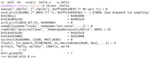 Abbildung 4: Strace verfolgt die System Calls des Hello-World-Programms auf der Konsole.
