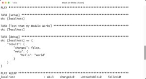 Abbildung 2: F&uuml;hrt man den Code aus <a href="#artRef-l1">Listing&nbsp;1</a> auf einem System aus, l&auml;sst sich damit demonstrieren, wie Ansible Module integriert und aufruft. Die Ausgabe von &raquo;"hello": "world"&laquo; ist der relevante Teil.