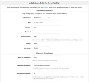 Abbildung 4: Innerhalb der Gogs-Konfigurationsmaske tragen Sie unter anderem den Datenbanktyp, den Namen der Anwendung und den ausführenden Benutzer ein.