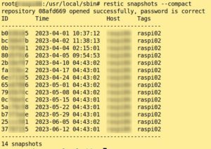 Abbildung 2: Der Befehl »restic snapshot« informiert Sie über den Status der Backups.
