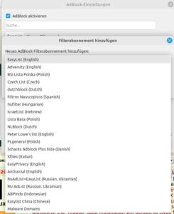Abbildung 12: Der Werbeblocker von QuiteRSS kennt noch keine deutschen Filterlisten.