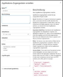 Abbildung 1: Eingabemaske zum Erstellen neuer Applikationszugangsdaten.