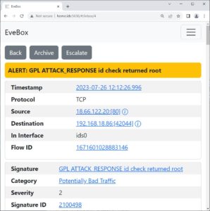 Abbildung 4: Suricata erkennt die Test-Webseite, und Evebox meldet den Pseudo-Alarm.