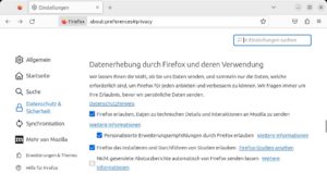 Abbildung 1: Firefox sammelt fleißig Nutzungsdaten, die der Browser an die Entwickler schickt. Abschalten funktioniert nur explizit in den Einstellungen.