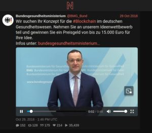 Abbildung 2: Gesundheitsminister Jens Spahn forderte&nbsp;2018 mehr Blockchain-Technologien im Gesundheitssektor &ndash; Zweck unbekannt.