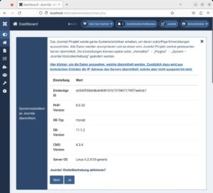 Abbildung 3: Joomla sammelt im Gegensatz zu vielen anderen Programmen erstaunlich wenige Informationen. Die Entwickler interessieren sich lediglich für die Versionen von Datenbank und Laufzeitumgebung.