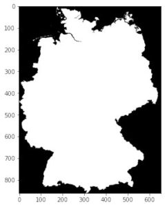 Abbildung 4: Die Auswertung der Stellen ohne Messwerte (»-999«) ergibt eine Maske mit den Umrissen Deutschlands.