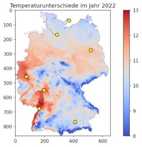 Abbildung 5: Die Messwerte offenbaren die Unterschiede in der mittleren Jahrestemperatur im Jahr 2022.