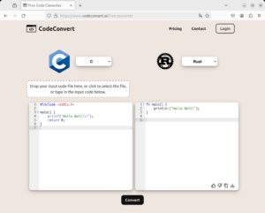 Abbildung 1: Bei CodeConvert laden Sie links den vorhandenen Quellcode ab, dr&uuml;cken auf einen Knopf und erhalten auf der rechten Seite das Gegenst&uuml;ck in Rust oder einer anderen Sprache.