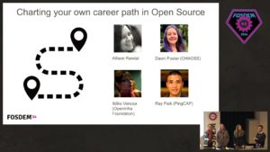 Abbildung 1: Auf der FOSDEM diskutierten Dawn M. Foster, Ray Paik, Ildiko Vancsa und Allison Randal, wie man mit Open Source Geld verdienen und Karriere machen kann.