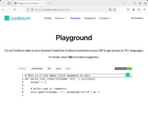 Abbildung 2: Im Codeium Playground auf der Codeium-Webseite l&auml;sst sich der KI-Assistent unverbindlich ausprobieren, allerdings nur an einer Handvoll Sprachen.